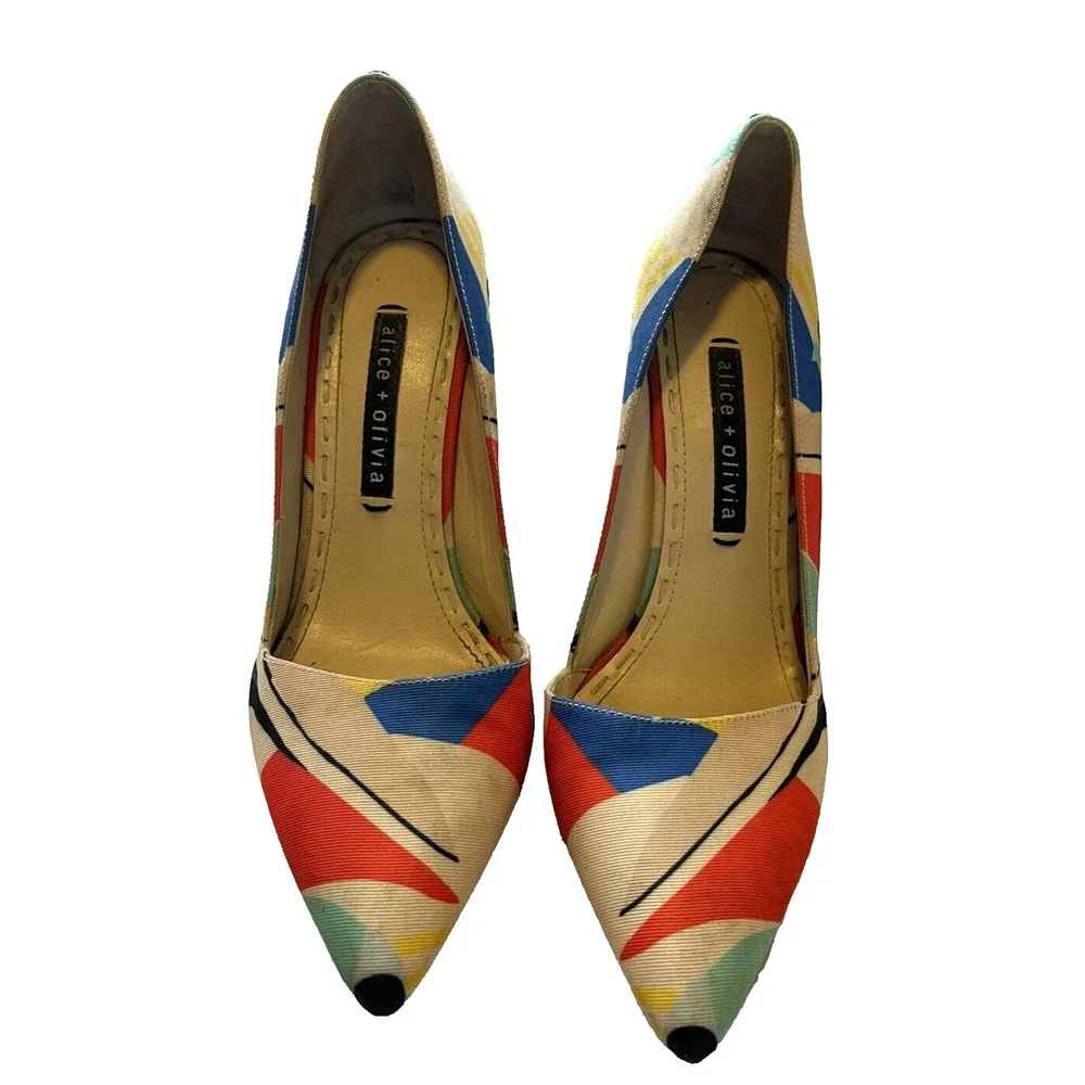 Womens Alice+Olivia Dina Color Block Graffiti Satin Heels Pumps-38 - Picture 2 of 6